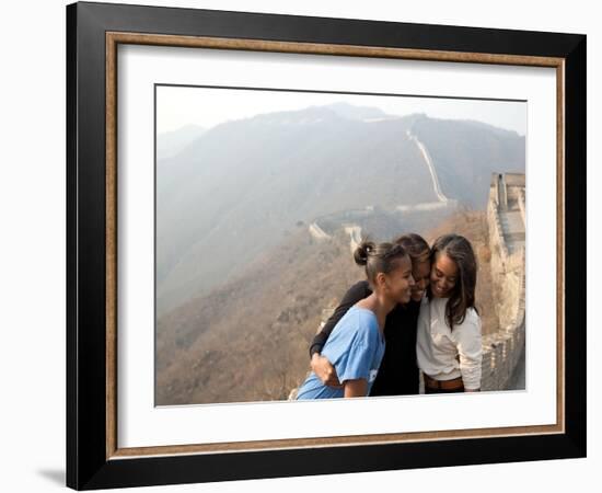 First Lady Michelle Obama and Daughters Sasha and Malia on the Great Wall of China-null-Framed Photo