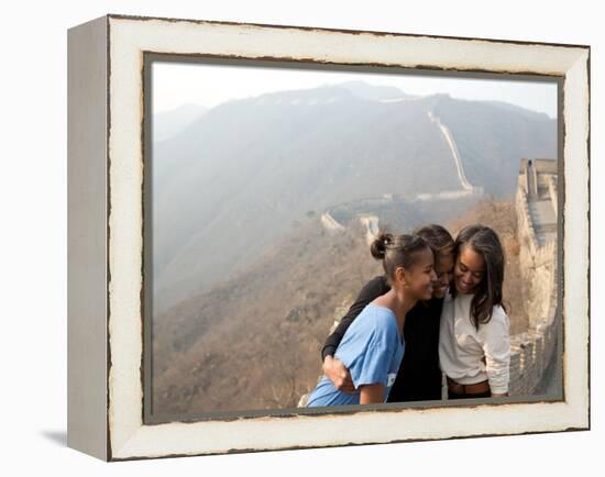 First Lady Michelle Obama and Daughters Sasha and Malia on the Great Wall of China-null-Framed Stretched Canvas