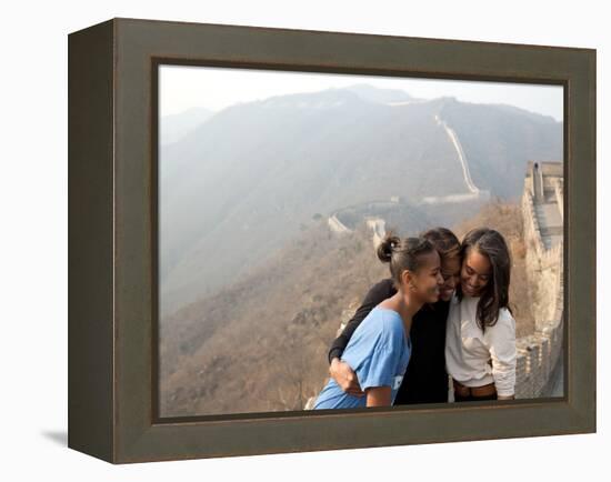 First Lady Michelle Obama and Daughters Sasha and Malia on the Great Wall of China-null-Framed Stretched Canvas