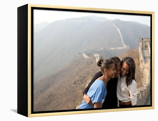 First Lady Michelle Obama and Daughters Sasha and Malia on the Great Wall of China-null-Framed Stretched Canvas