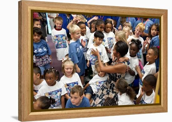 First Lady Michelle Obama Greets Children at Naval Air Station Oceana Summer Camp-null-Framed Stretched Canvas