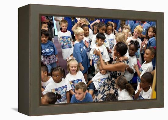 First Lady Michelle Obama Greets Children at Naval Air Station Oceana Summer Camp-null-Framed Stretched Canvas