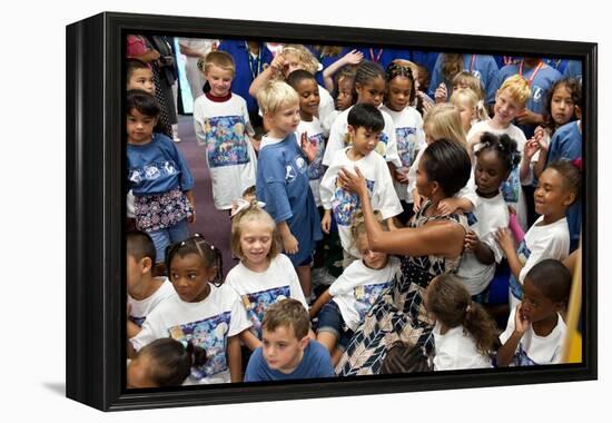 First Lady Michelle Obama Greets Children at Naval Air Station Oceana Summer Camp-null-Framed Stretched Canvas