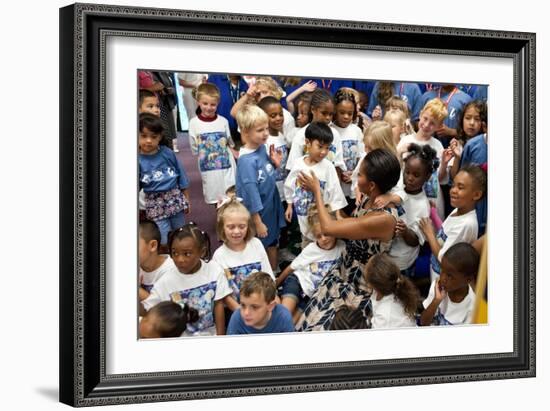 First Lady Michelle Obama Greets Children at Naval Air Station Oceana Summer Camp-null-Framed Premium Photographic Print