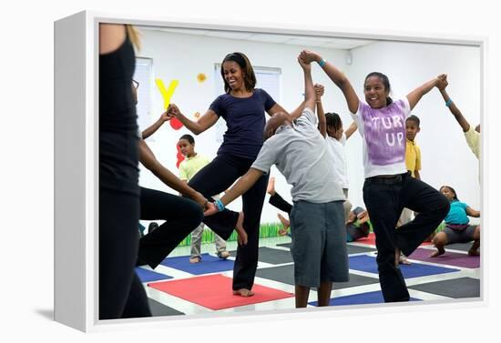 First Lady Michelle Obama Joins an after School 'Let's Move!' Yoga Class after School Activities-null-Framed Stretched Canvas