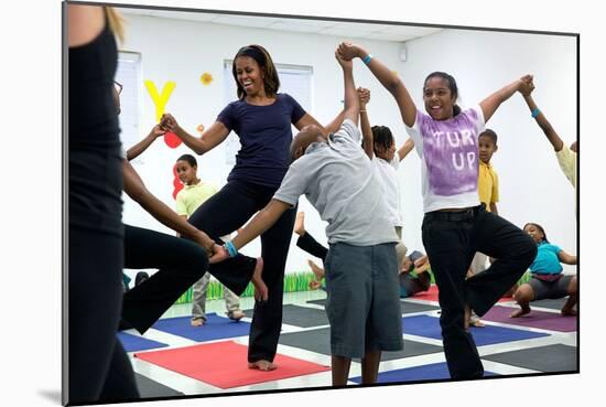 First Lady Michelle Obama Joins an after School 'Let's Move!' Yoga Class after School Activities-null-Mounted Premium Photographic Print