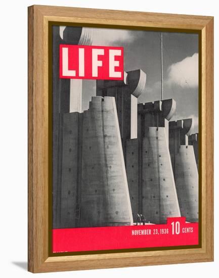 First LIFE Cover with Fort Peck Dam, November 23, 1936-Margaret Bourke-White-Framed Premier Image Canvas