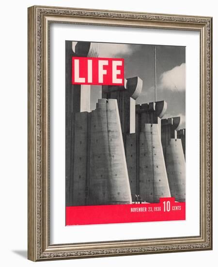 First LIFE Cover with Fort Peck Dam, November 23, 1936-Margaret Bourke-White-Framed Photographic Print