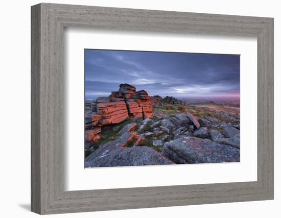 First light at sunrise glows against Belstone Tor, Dartmoor National Park, Devon, England. Summer (-Adam Burton-Framed Photographic Print