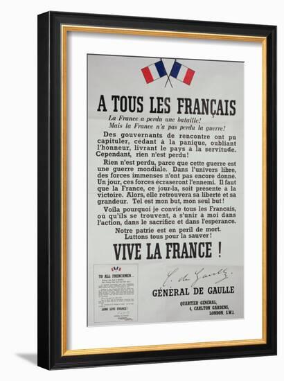 First Poster for the 18th June 1940 Address by General Charles De Gaulle-null-Framed Giclee Print