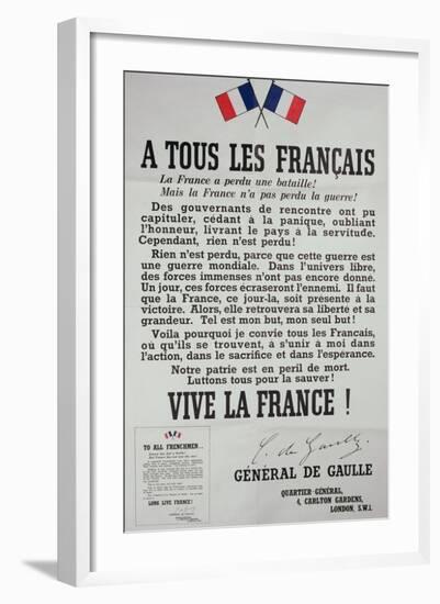 First Poster for the 18th June 1940 Address by General Charles De Gaulle-null-Framed Giclee Print