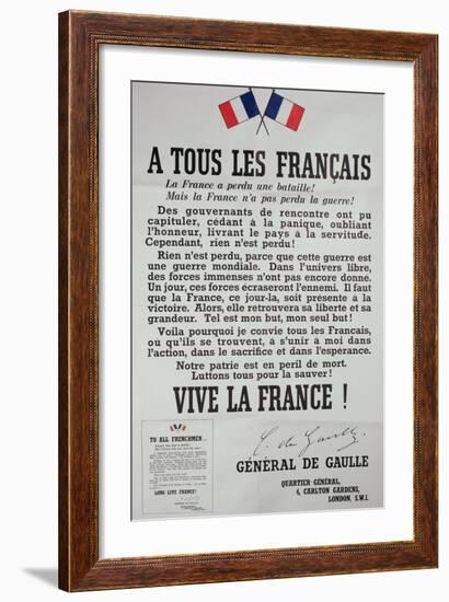 First Poster for the 18th June 1940 Address by General Charles De Gaulle-null-Framed Giclee Print