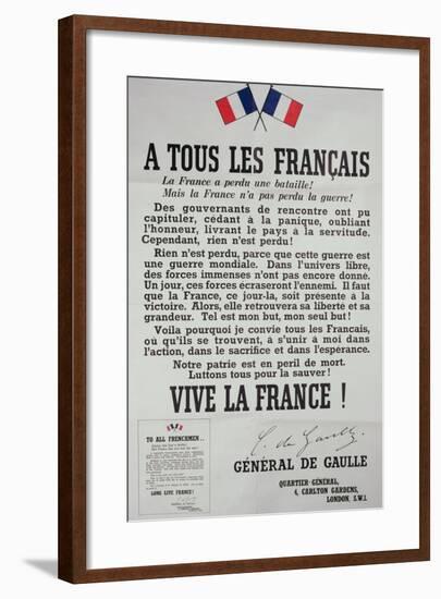 First Poster for the 18th June 1940 Address by General Charles De Gaulle-null-Framed Giclee Print