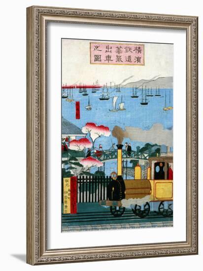 First Steam Train Leaving Yokohama, Japanese Wood-Cut Print-Lantern Press-Framed Art Print