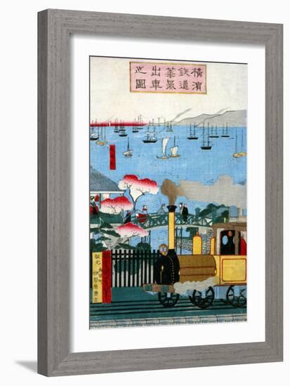 First Steam Train Leaving Yokohama, Japanese Wood-Cut Print-Lantern Press-Framed Art Print