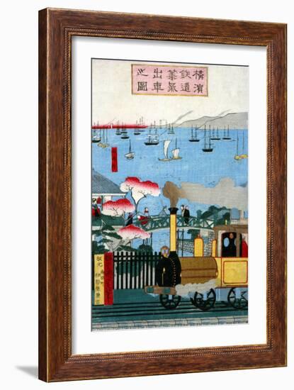First Steam Train Leaving Yokohama, Japanese Wood-Cut Print-Lantern Press-Framed Art Print