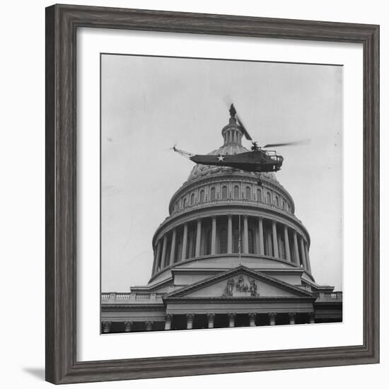 First Successful Us Army Helicopter Designed by Igor Sikorsky Flying Past the Capitol Dome-J^ R^ Eyerman-Framed Photographic Print