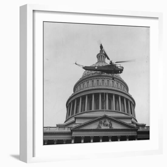 First Successful Us Army Helicopter Designed by Igor Sikorsky Flying Past the Capitol Dome-J^ R^ Eyerman-Framed Photographic Print