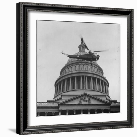 First Successful Us Army Helicopter Designed by Igor Sikorsky Flying Past the Capitol Dome-J^ R^ Eyerman-Framed Photographic Print