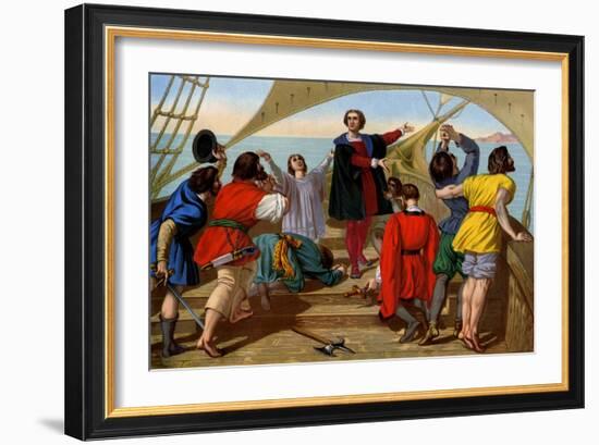 First View of the New World by Columbus and His Crew Aboard the Santa Maria, c.1492-null-Framed Giclee Print