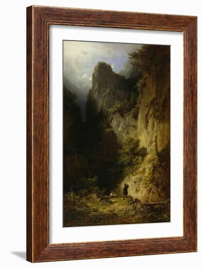 Fischender Moench Mit Kindern in Einer Felsschlucht-Carl Spitzweg-Framed Giclee Print