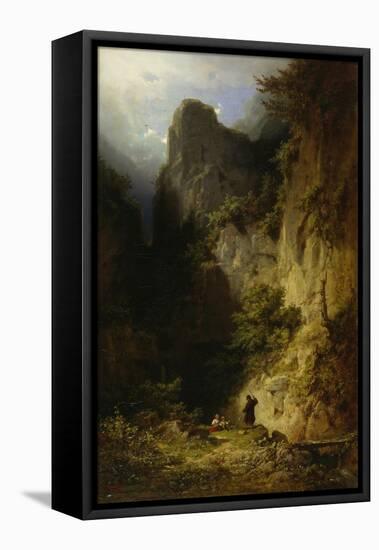 Fischender Moench Mit Kindern in Einer Felsschlucht-Carl Spitzweg-Framed Premier Image Canvas