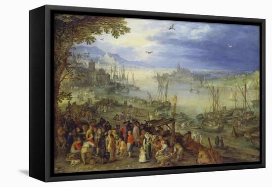 Fischmarkt Am Ufer Eines Flusses, 1605-Jan Brueghel the Elder-Framed Premier Image Canvas