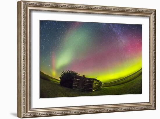 Fish-Eye Lens View of the Northern Lights Above an Old Ranch in Canada-Stocktrek Images-Framed Photographic Print