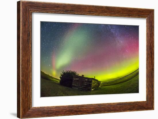 Fish-Eye Lens View of the Northern Lights Above an Old Ranch in Canada-Stocktrek Images-Framed Photographic Print