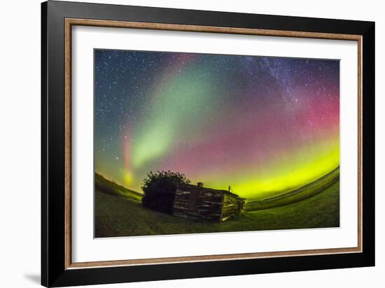 Fish-Eye Lens View of the Northern Lights Above an Old Ranch in Canada-Stocktrek Images-Framed Photographic Print