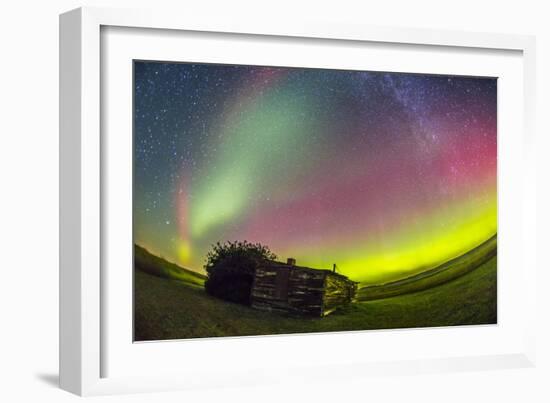 Fish-Eye Lens View of the Northern Lights Above an Old Ranch in Canada-Stocktrek Images-Framed Photographic Print