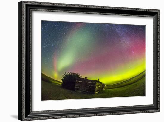 Fish-Eye Lens View of the Northern Lights Above an Old Ranch in Canada-Stocktrek Images-Framed Photographic Print