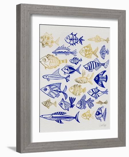 Fish Inklings in Navy and Gold Ink-Cat Coquillette-Framed Art Print