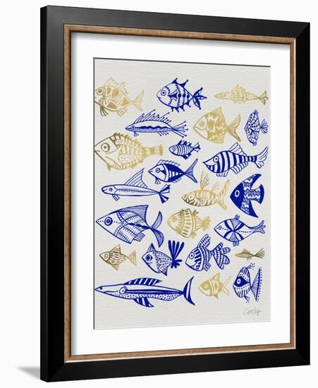 Fish Inklings in Navy and Gold Ink-Cat Coquillette-Framed Art Print