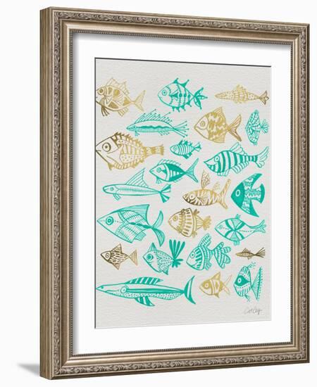 Fish Inklings in Turquoise and Gold Ink-Cat Coquillette-Framed Art Print