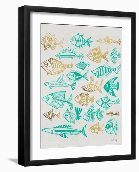 Fish Inklings in Turquoise and Gold Ink-Cat Coquillette-Framed Art Print