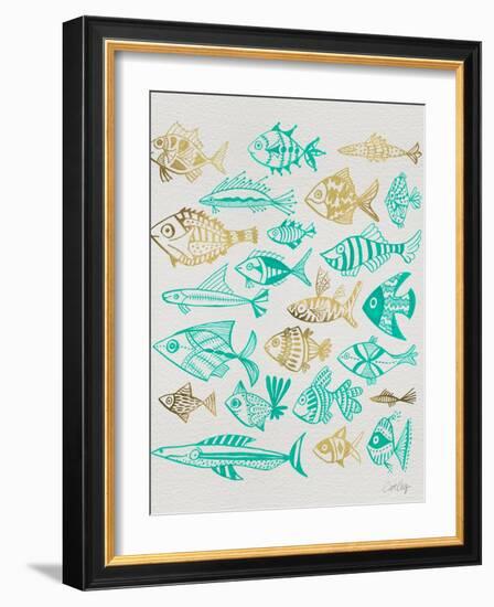 Fish Inklings in Turquoise and Gold Ink-Cat Coquillette-Framed Art Print