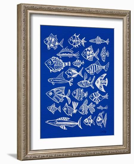 Fish Inklings on Navy-Cat Coquillette-Framed Art Print