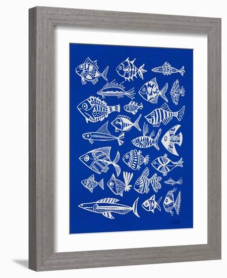 Fish Inklings on Navy-Cat Coquillette-Framed Art Print