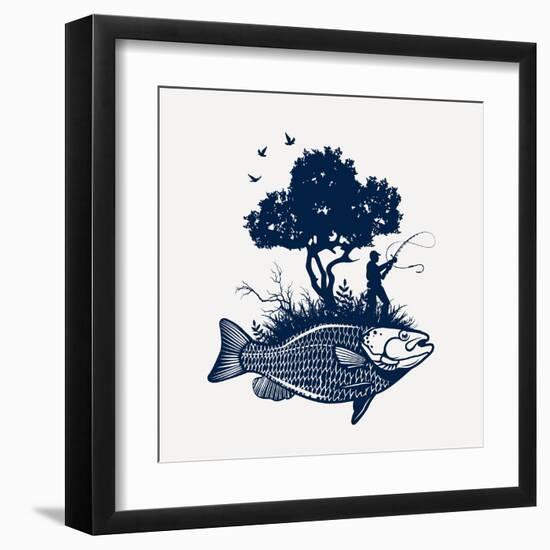 Fish Island with Fisherman and Tree-Moloko88-Framed Art Print