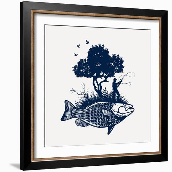 Fish Island with Fisherman and Tree-Moloko88-Framed Art Print