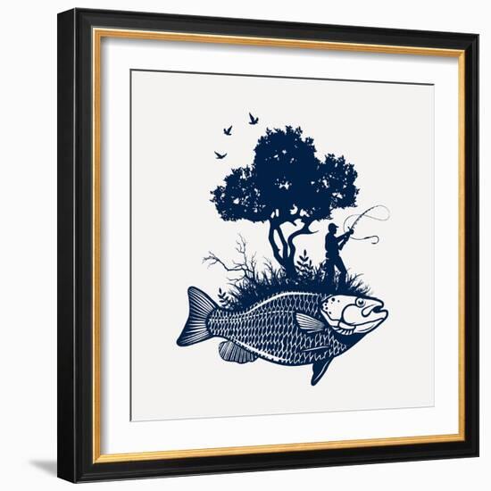 Fish Island with Fisherman and Tree-Moloko88-Framed Art Print