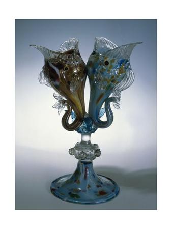 Fish Shaped Vase With Milk Glass Foot Overlayed In Light Turquoise