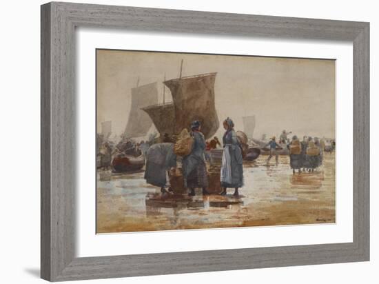 Fisherfolk on the Beach at Cullercoats, 1881 (W/C & Graphite on Wove Paper)-Winslow Homer-Framed Giclee Print