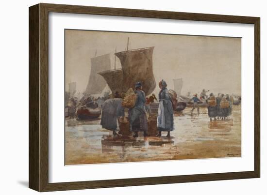 Fisherfolk on the Beach at Cullercoats, 1881 (W/C & Graphite on Wove Paper)-Winslow Homer-Framed Giclee Print