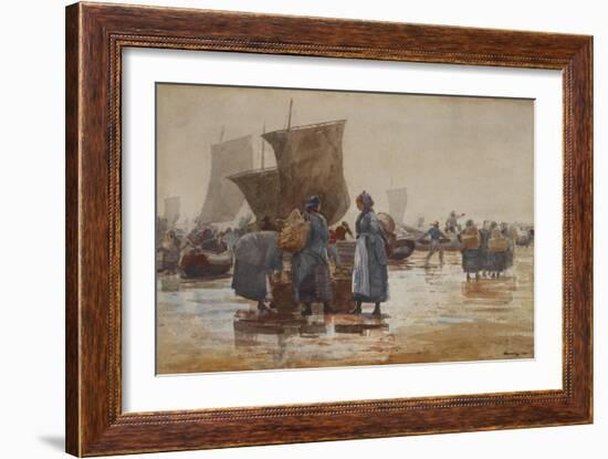 Fisherfolk on the Beach at Cullercoats, 1881 (W/C & Graphite on Wove Paper)-Winslow Homer-Framed Giclee Print