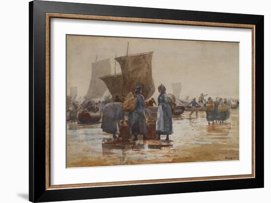 Fisherfolk on the Beach at Cullercoats, 1881 (W/C & Graphite on Wove Paper)-Winslow Homer-Framed Giclee Print