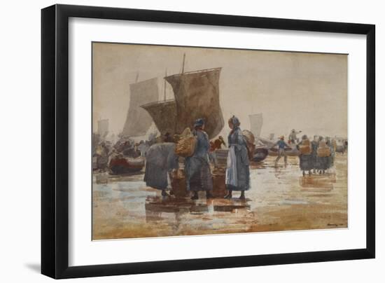 Fisherfolk on the Beach at Cullercoats, 1881 (W/C & Graphite on Wove Paper)-Winslow Homer-Framed Giclee Print