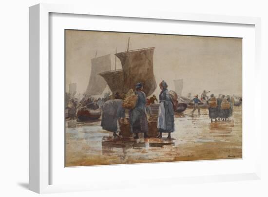 Fisherfolk on the Beach at Cullercoats, 1881 (W/C & Graphite on Wove Paper)-Winslow Homer-Framed Giclee Print