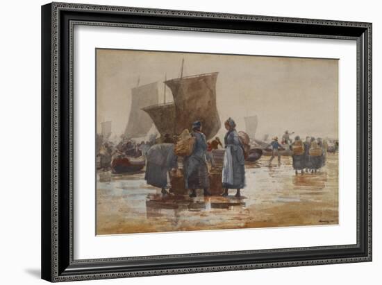 Fisherfolk on the Beach at Cullercoats, 1881 (W/C & Graphite on Wove Paper)-Winslow Homer-Framed Giclee Print